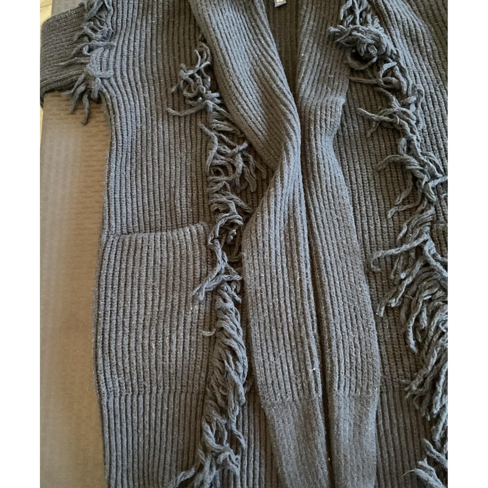 Scoop Cardigan Womens Medium Black Fringe Open Front Ribbed Knit Sweater Pockets - Picture 7 of 11